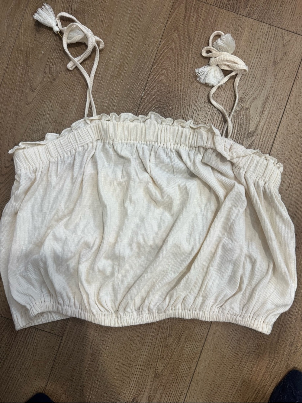 Lucky Brand Cream Smocked Crop Top with Tassel Straps